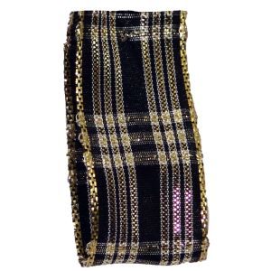 Wired Christmas Tartan Style Ribbon Black & Gold - available in either 25mm & 40mm widths