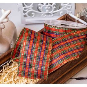 Large Check Traditional Tartan Style Ribbon With Gold Wired Edges 63mm x 10yrds