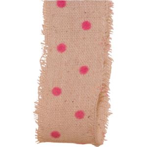 38mm linen frayed edged ribbon with bright pink mini polka dot design
