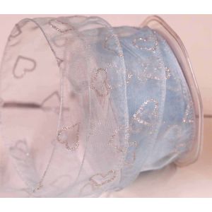 50mm Wired Pale Blue Sheer Ribbon With Silver Glitter Hearts