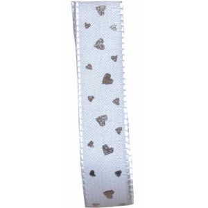 15mm white taffeta ribbon with silver heart design