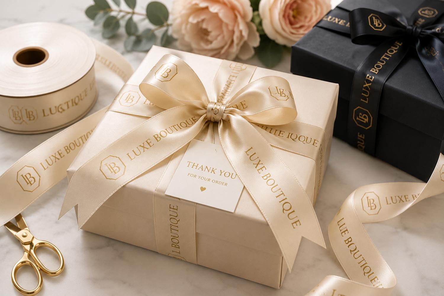 image of box wrapped with personalised printed ribbon