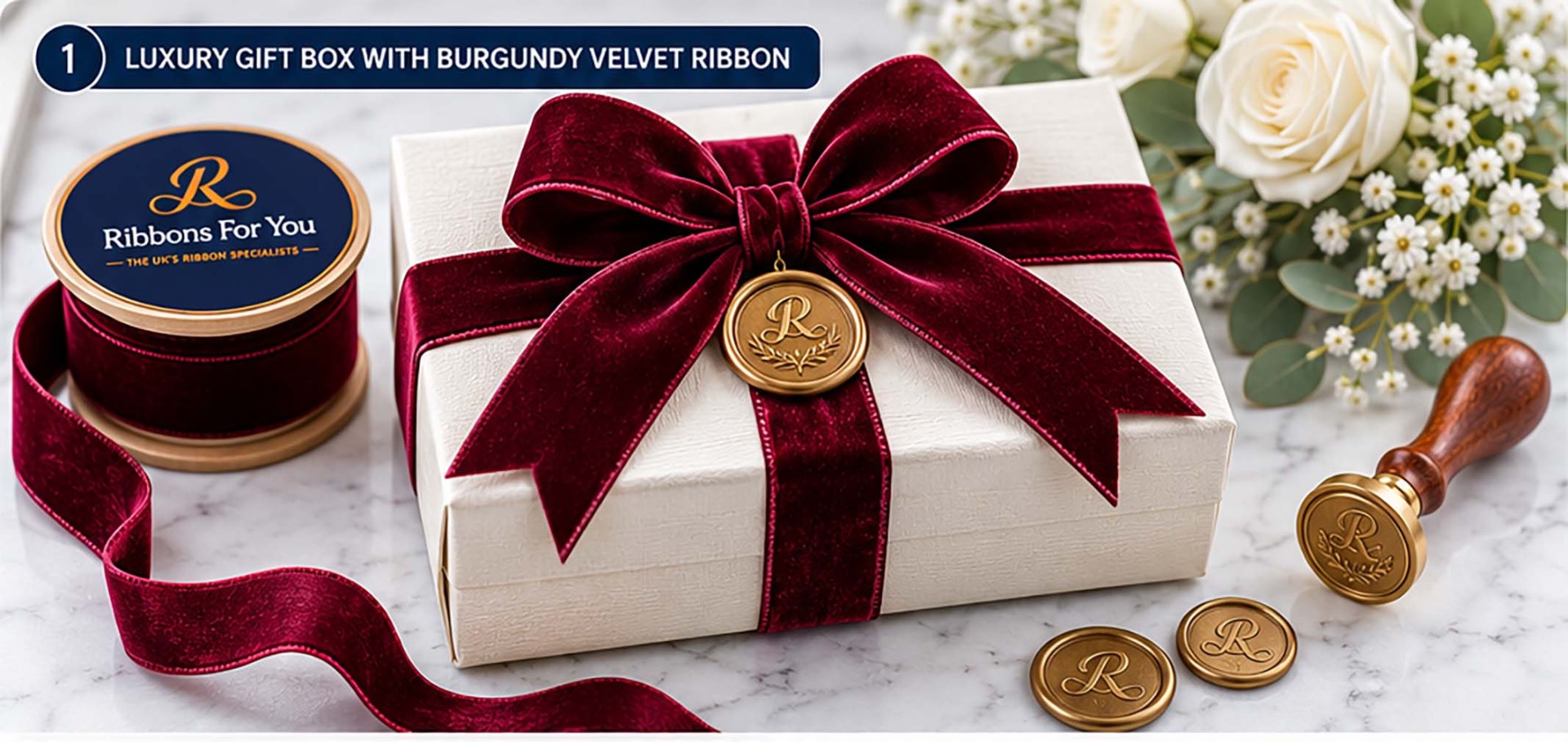What is velvet ribbon, image of a burgundy velvet ribbon on a gift box