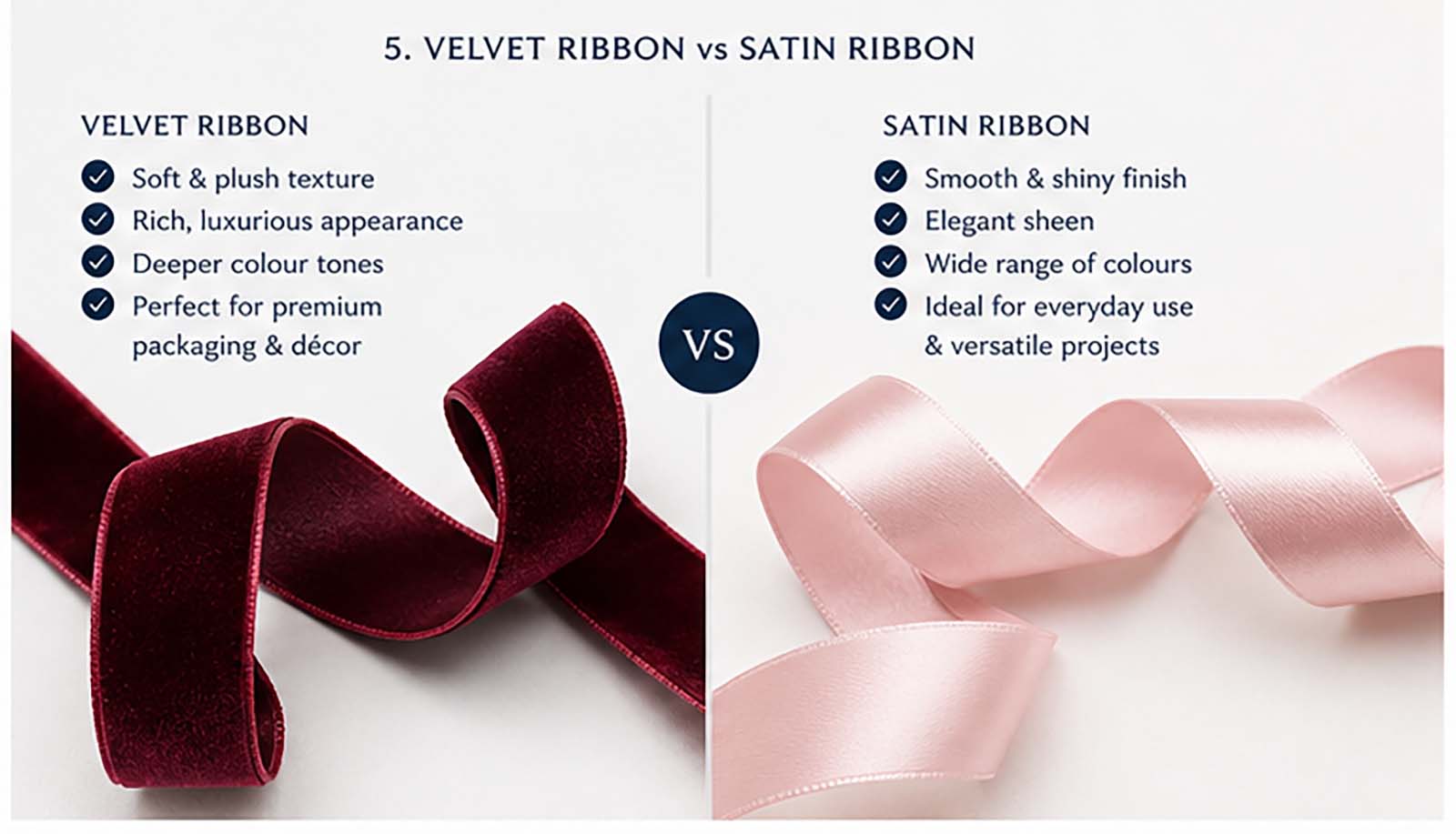 image illustrates the difference between velvet and satin ribbon