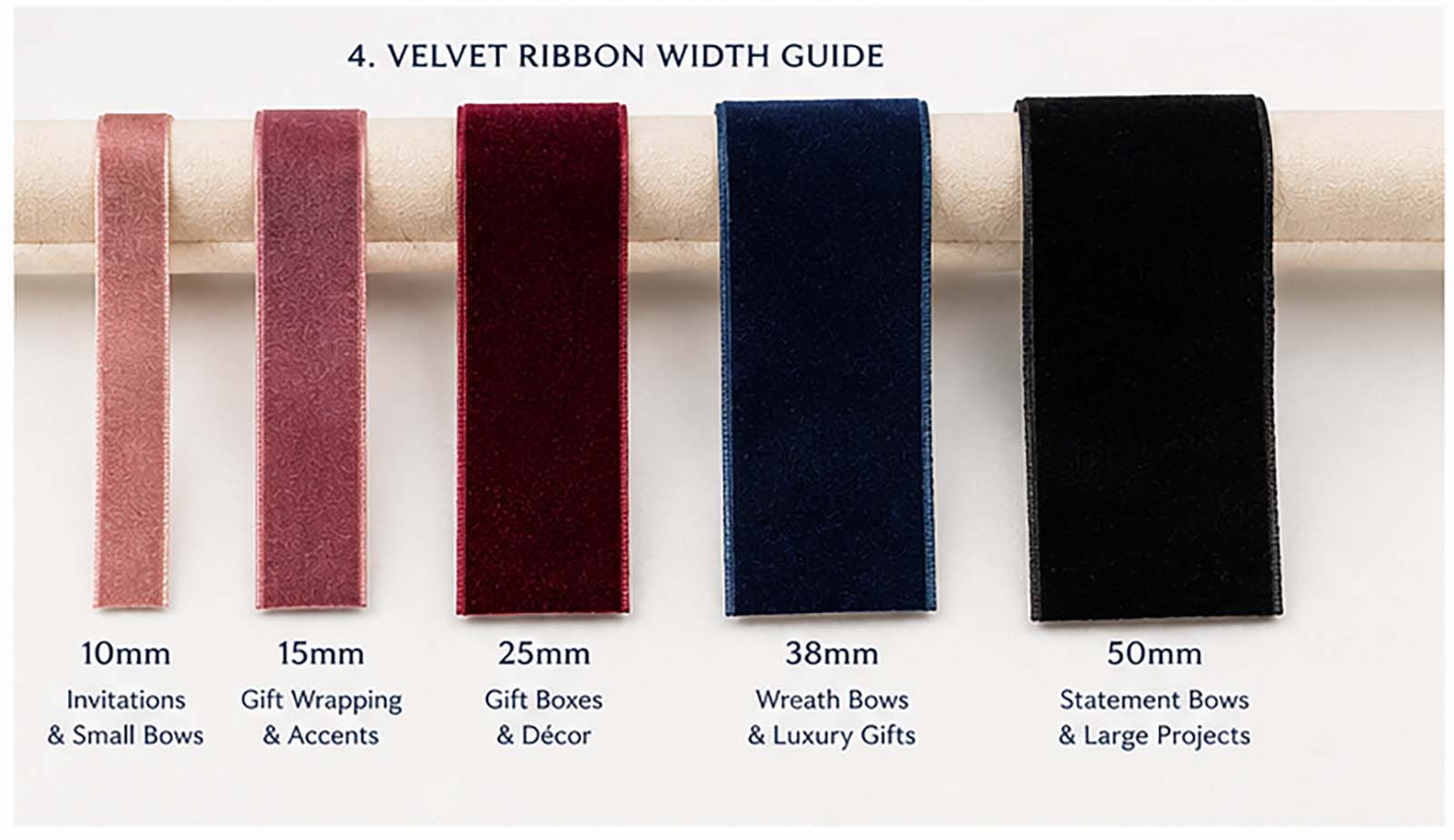 what width should I choose? image illustrates the different velvet ribbon widths