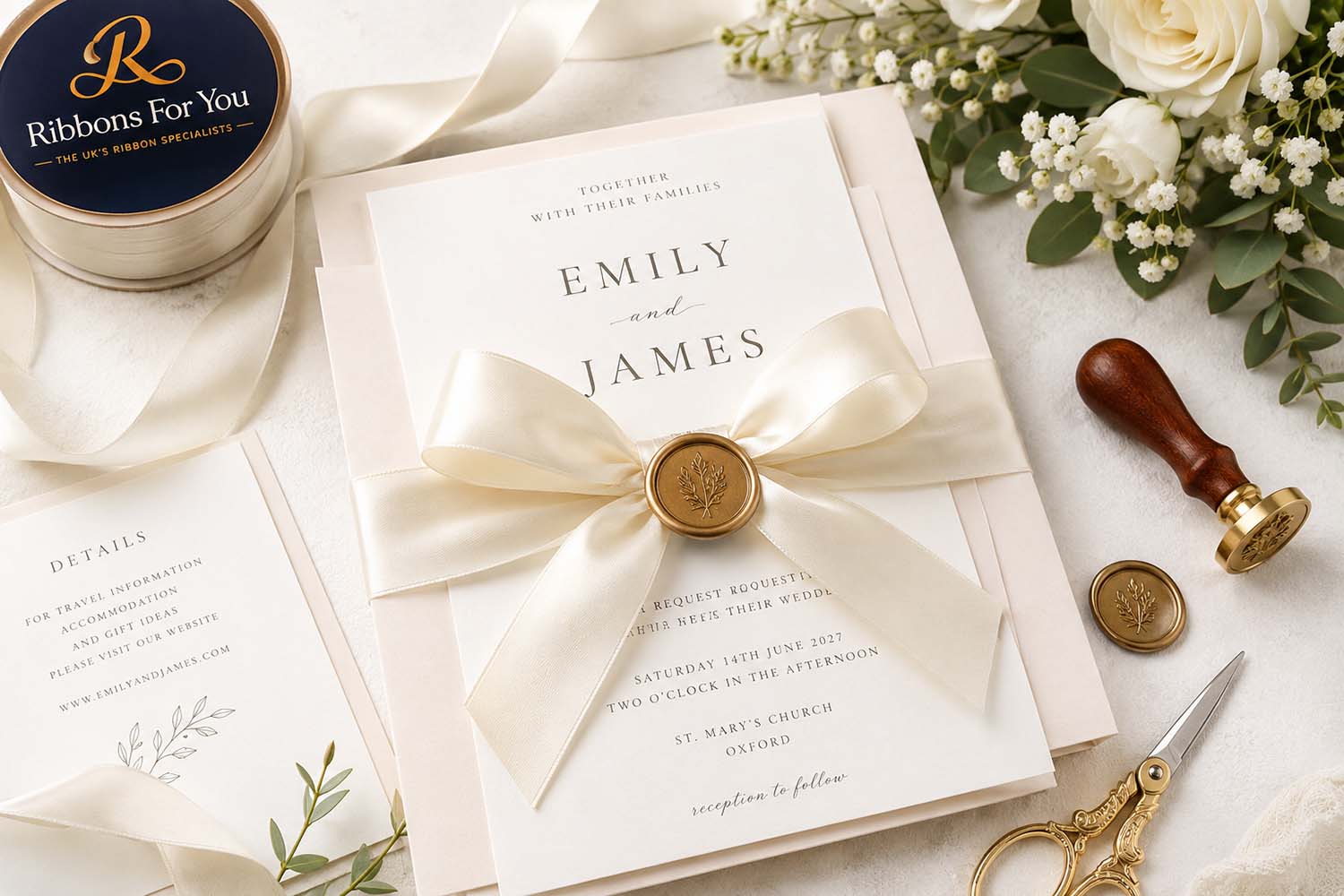 Ribbon for wedding invitations - satin ribbon round the middle of a wedding invite